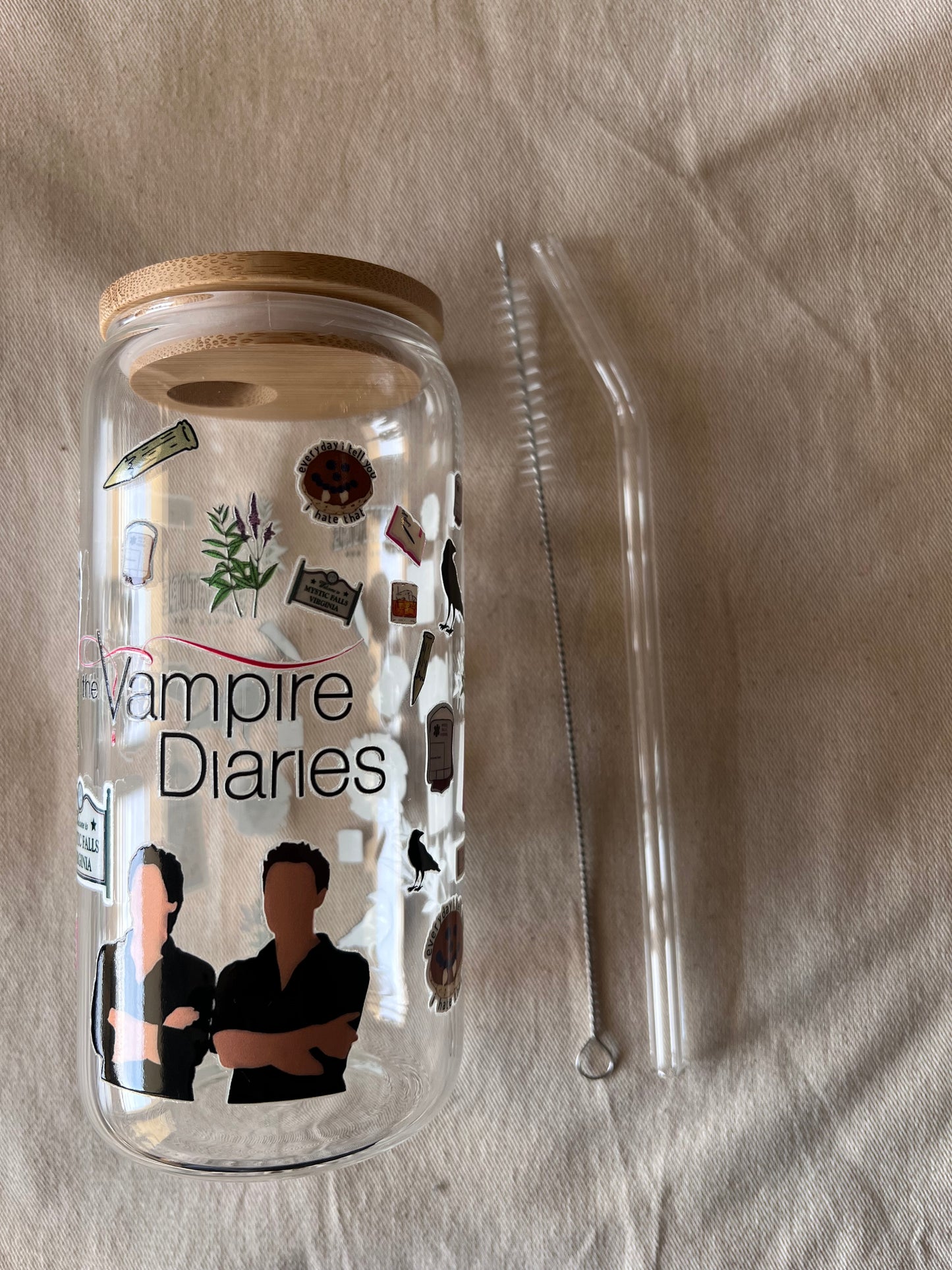 Verre avec Couvercle en Bambou et Paille - Vampire Diaries