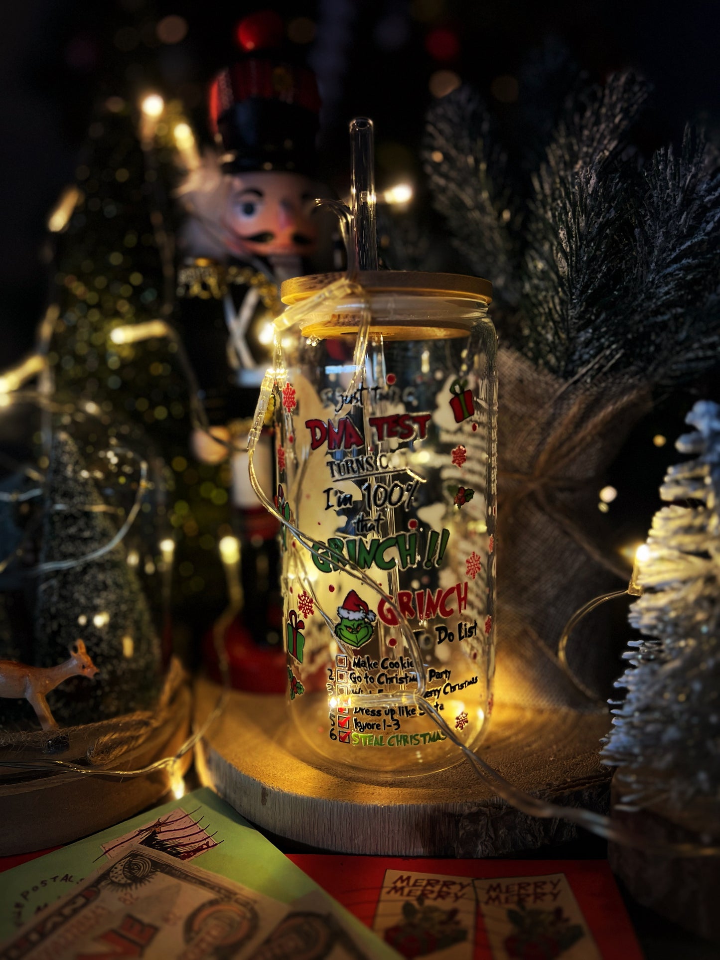 Verre avec Couvercle en Bambou et Paille - Grinch