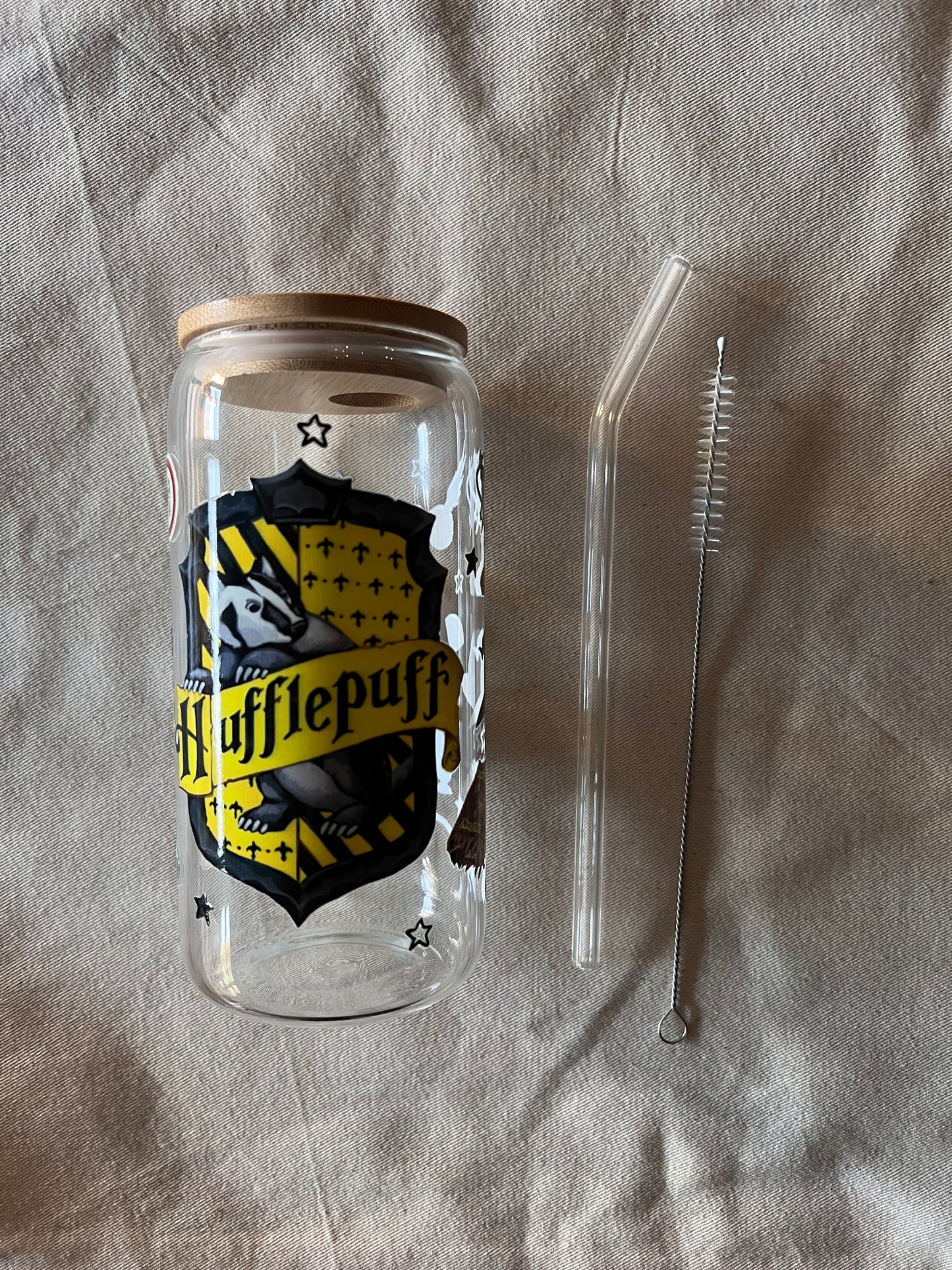 Verre avec Couvercle en Bambou et Paille - Harry Potter | Poufsouffle