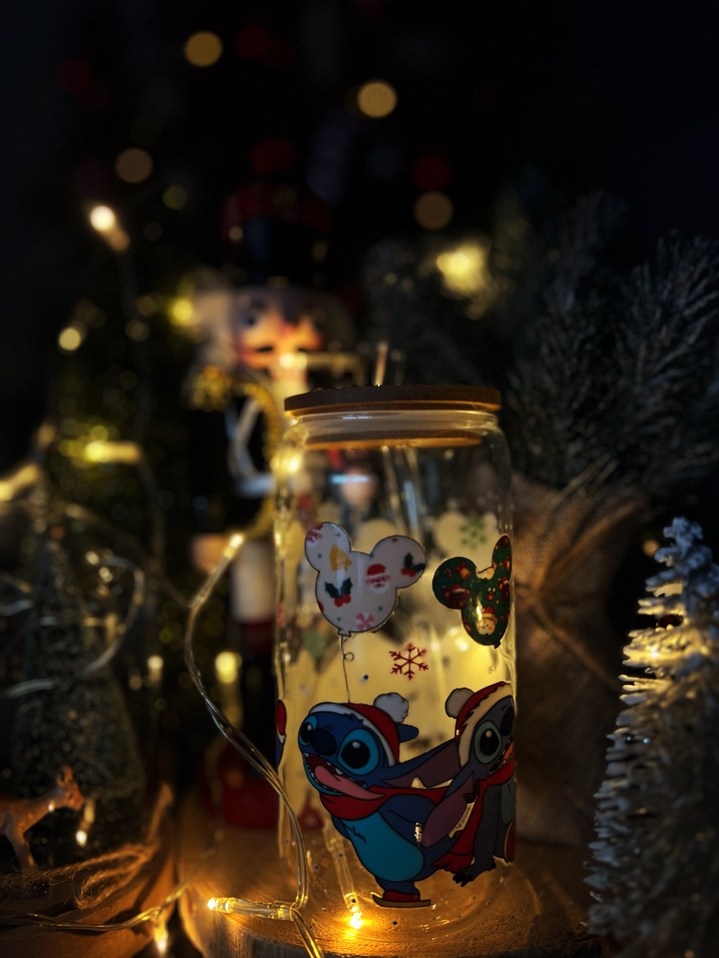 Verre avec Couvercle en Bambou et Paille - Stitch