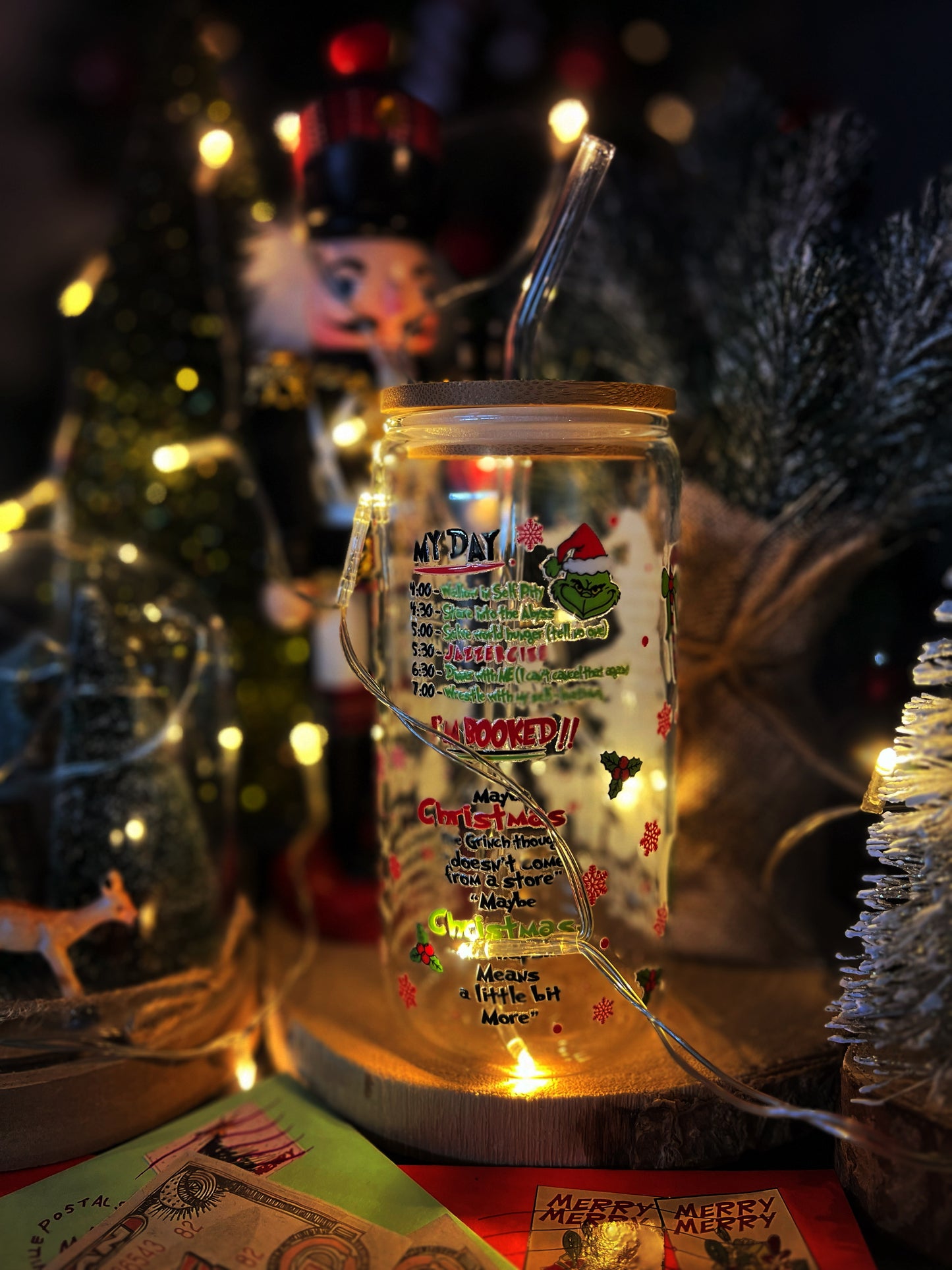 Verre avec Couvercle en Bambou et Paille - Grinch