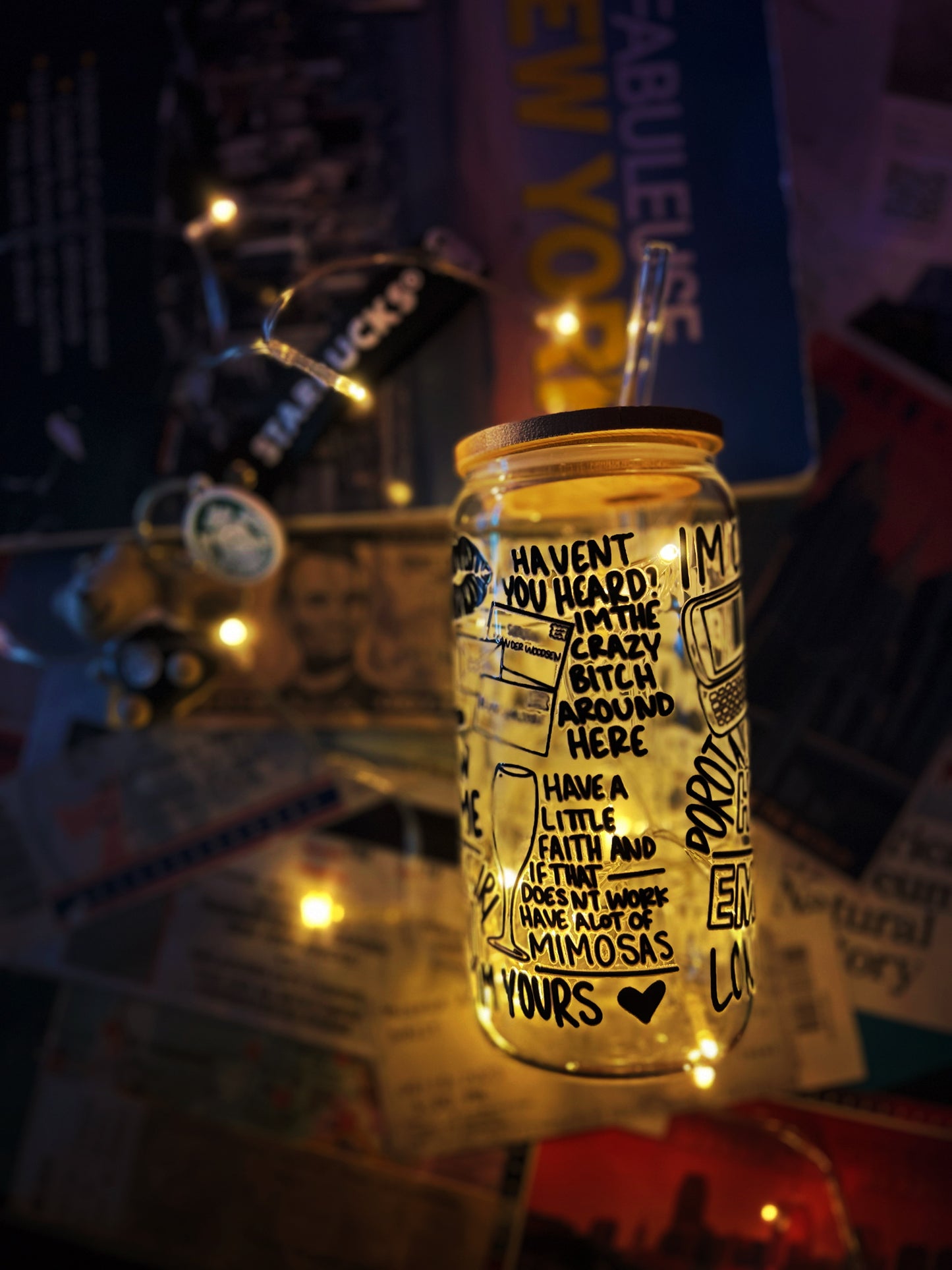 Verre avec Couvercle en Bambou et Paille - Gossip Girl