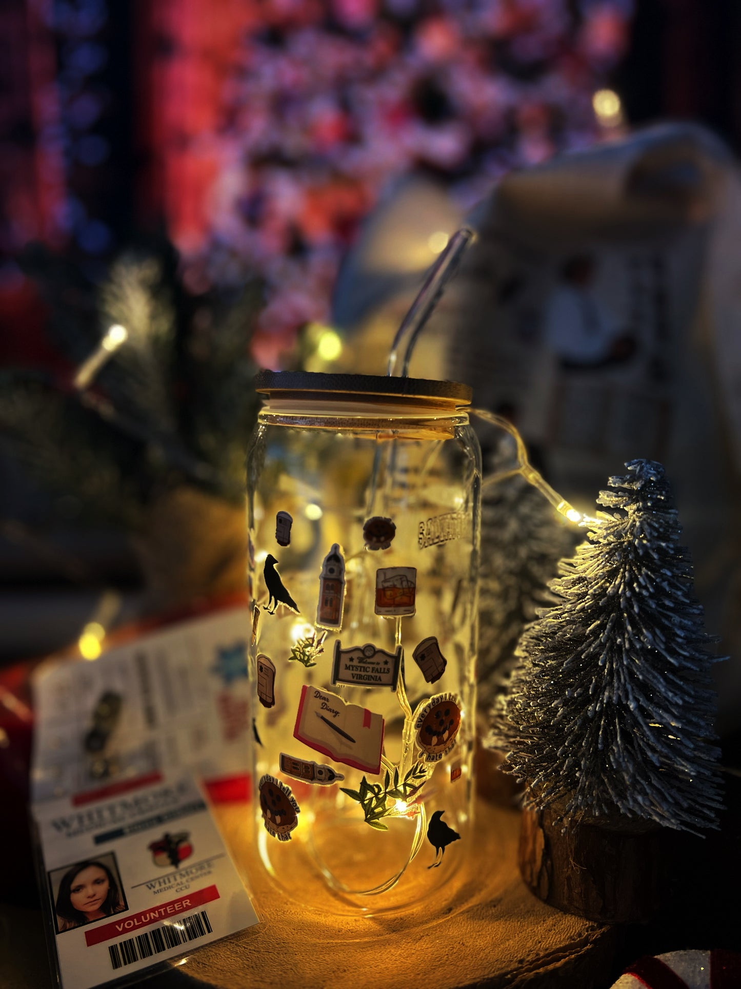 Verre avec Couvercle en Bambou et Paille - Vampire Diaries