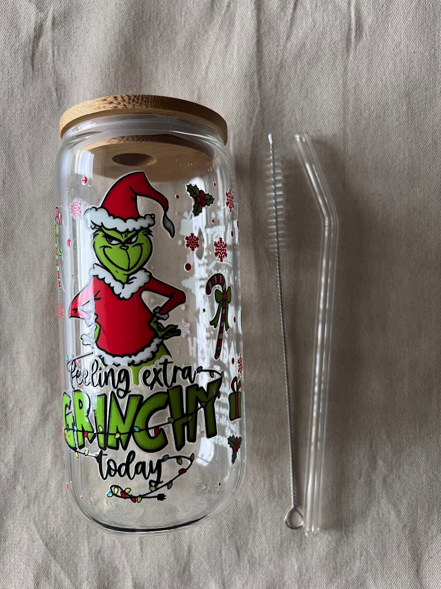 Verre avec Couvercle en Bambou et Paille - Grinch