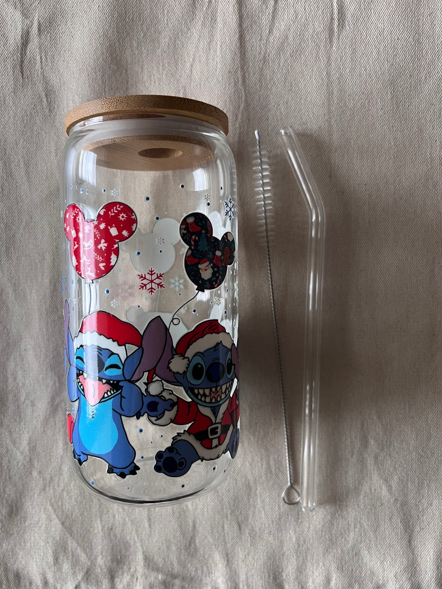 Verre avec Couvercle en Bambou et Paille - Stitch