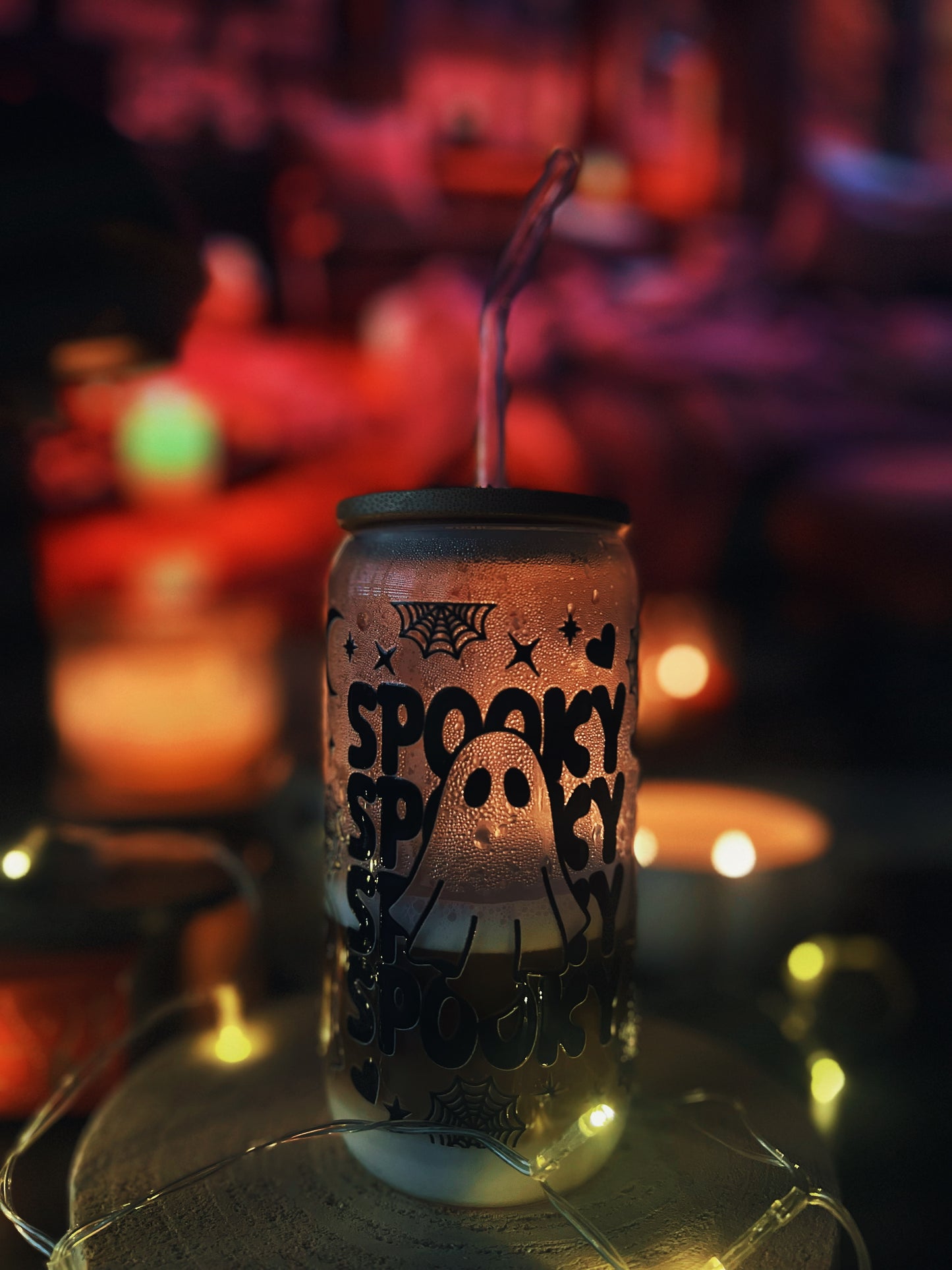 Verre avec Couvercle en Bambou et Paille - Spooky