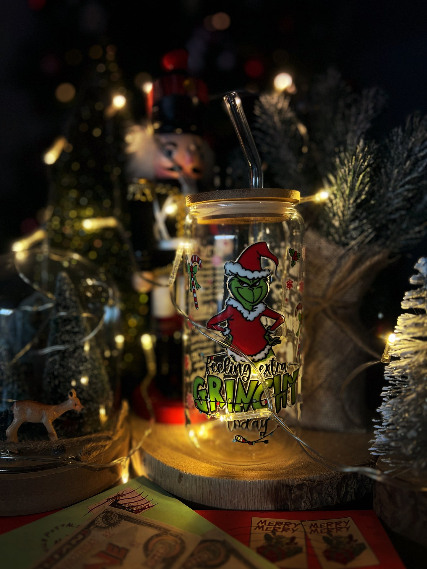 Verre avec Couvercle en Bambou et Paille - Grinch