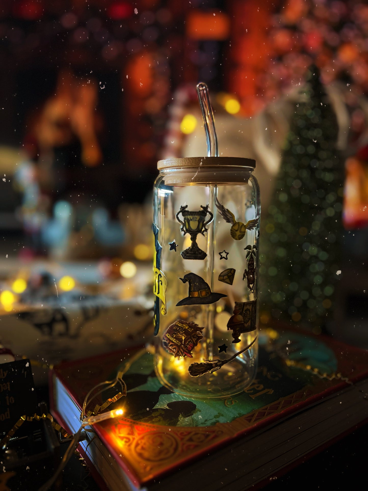 Verre avec Couvercle en Bambou et Paille - Harry Potter | Poufsouffle