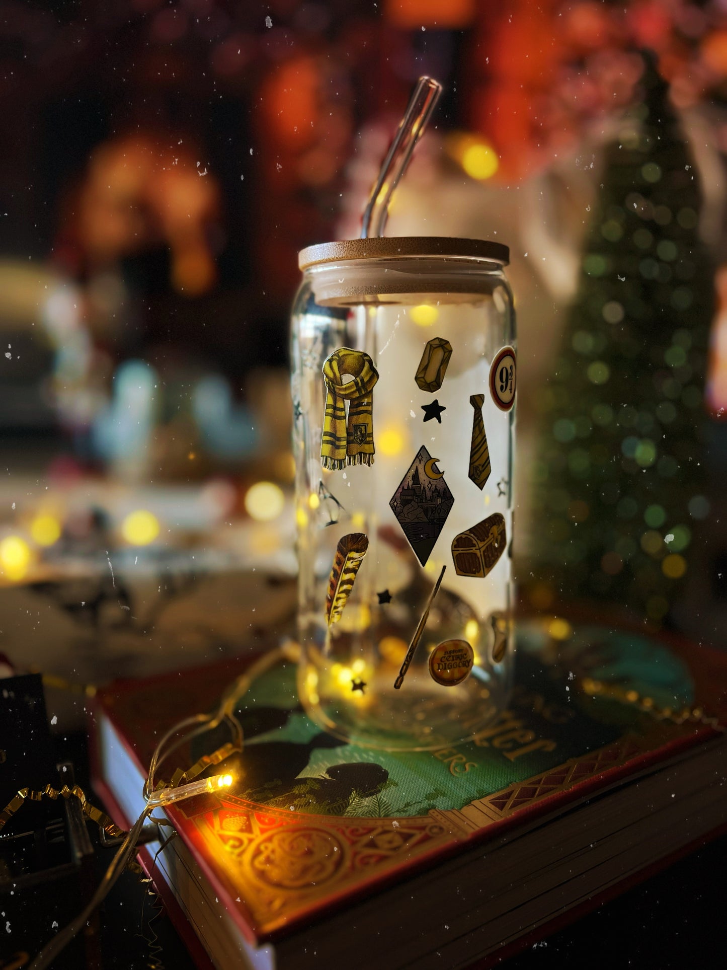 Verre avec Couvercle en Bambou et Paille - Harry Potter | Poufsouffle