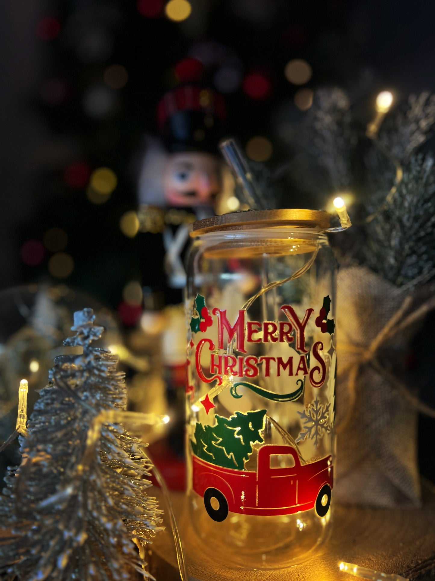 Verre avec Couvercle en Bambou et Paille - Merry Christmas