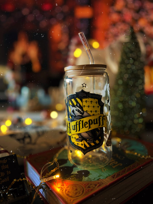 Verre avec Couvercle en Bambou et Paille - Harry Potter | Poufsouffle