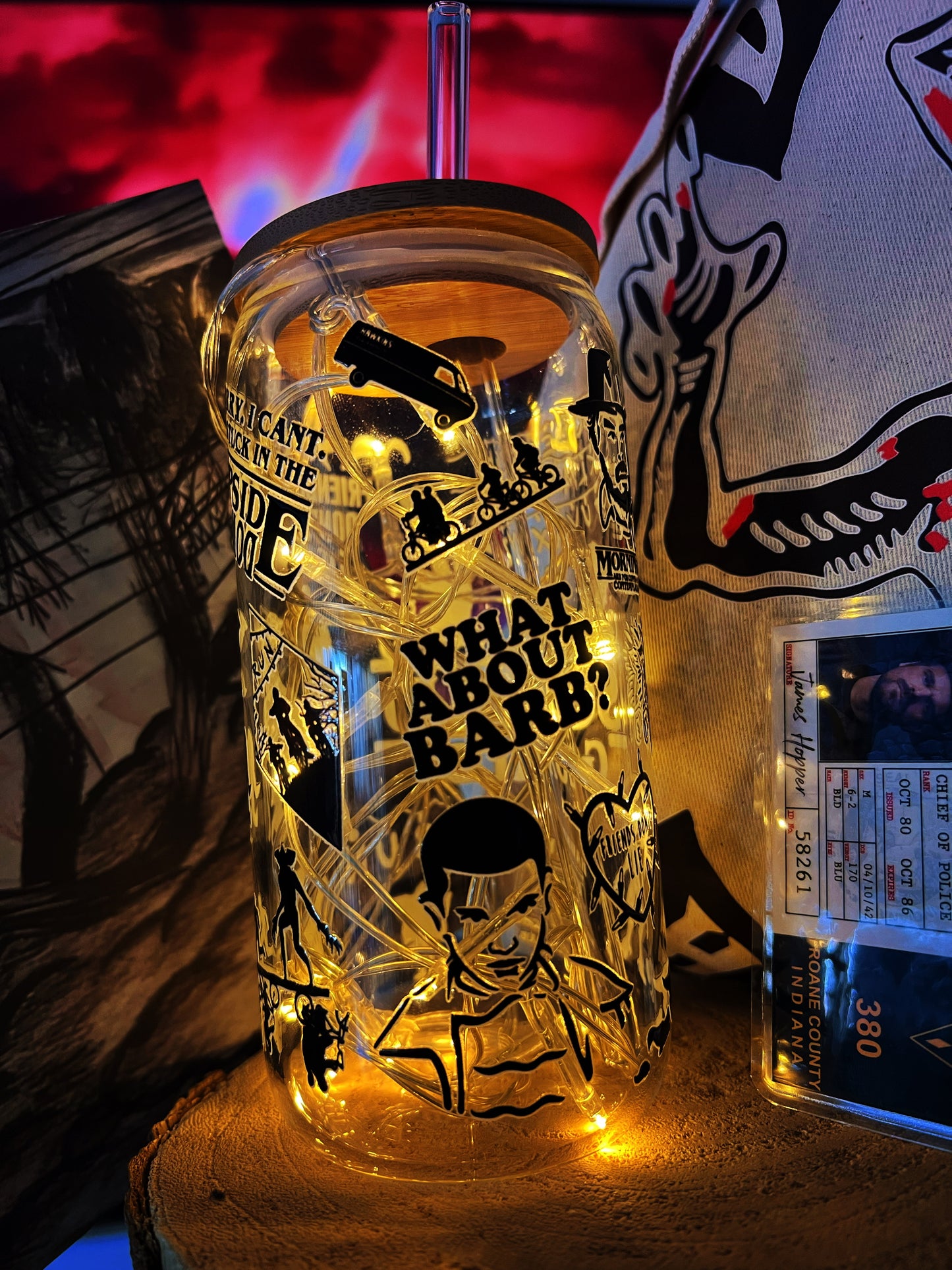 Verre avec Couvercle en Bambou et Paille - Stranger Things