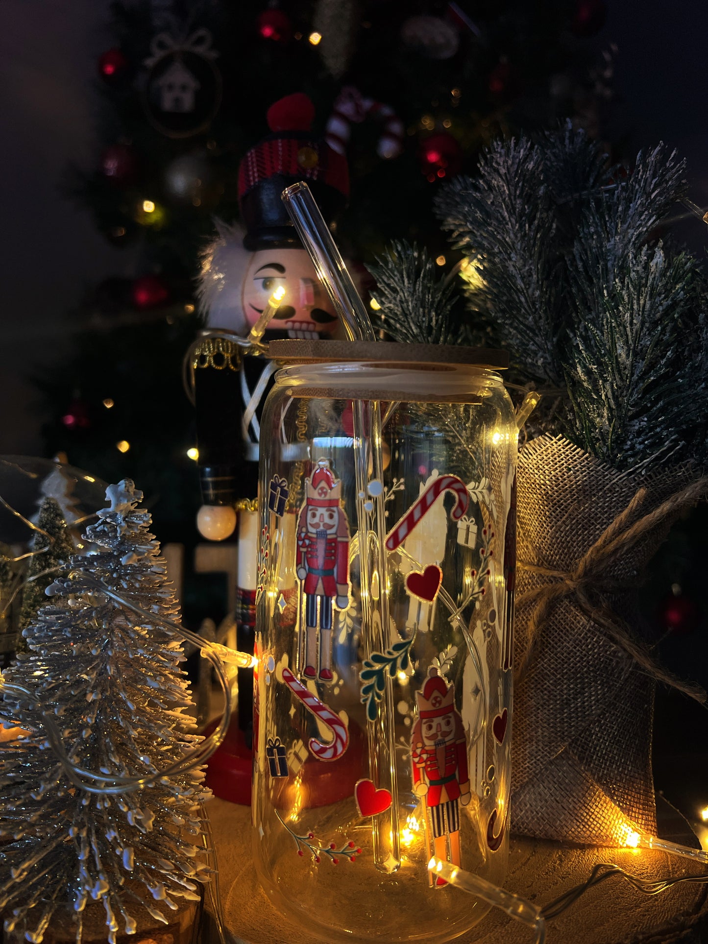 Verre avec Couvercle en Bambou et Paille - Edition Noël
